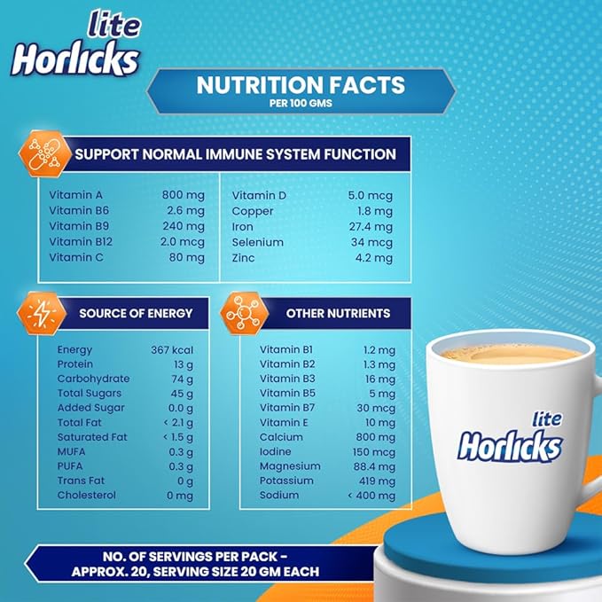Horlicks Lite 450g, Scientifically designed for Adults |High Protein, Zero added sugar | Malt Flavor - Image 4