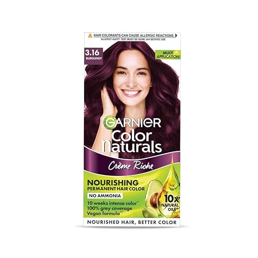 Garnier Color Naturals Burgundy Hair Color – Shade 3.16 | Ammonia-Free Cream Dye with 5 Oils | 100% Grey Coverage | Salon Finish at Home | Mini Pack 35ml + 30g (Set of 1)