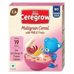CEREGROW Multigrain Cereal with Milk & Fruits, NO Refined Sugar, from 2-6 Years, with Iron,